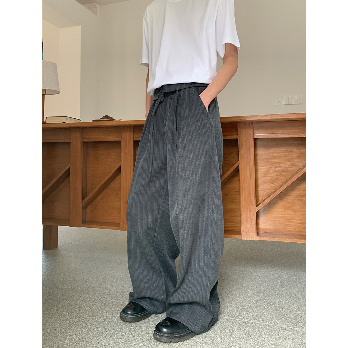 美式复古小众设计感翻边裤头宽松条纹西裤男cleanfit休闲阔腿长裤