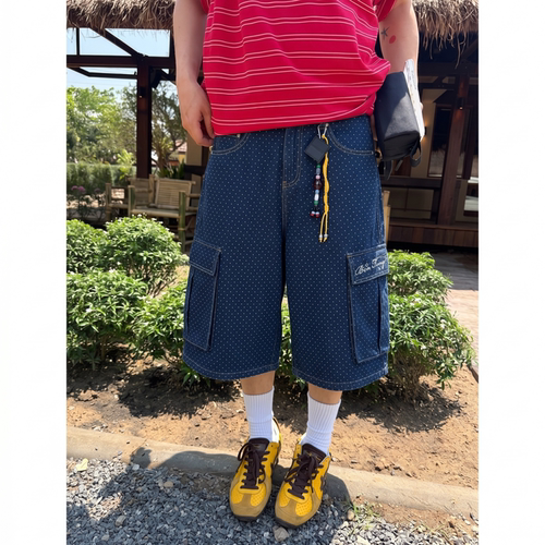 波点满印刺绣多口袋七分牛仔裤男女夏季中性宽松百搭直筒阔腿短裤