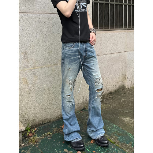 豹纹补丁设计感方形铆钉微喇牛仔裤男vibe风高街嘻哈水洗直筒裤子