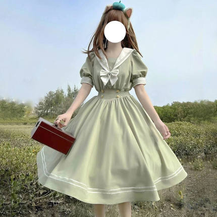 日系甜美海军领蝴蝶结收腰显瘦短袖连衣裙女学生中长款百搭a字裙