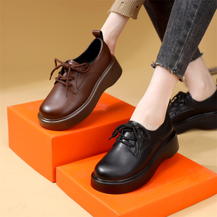 英伦风厚底小皮鞋女系带圆头乐福鞋百搭休闲软底单鞋妈妈豆豆鞋
