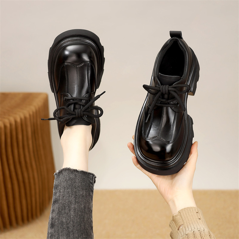 英伦风厚底乐福鞋女黑色系带加绒小皮鞋中跟增高显瘦百搭深口单鞋,女鞋,深口单鞋,淘宝优惠券,粉丝福利购,淘宝优惠卷