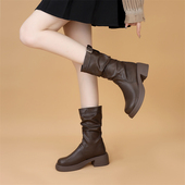 时装 秋冬加绒堆堆靴真皮休闲宽筒显瘦小个子中筒皮靴 靴女2025新款