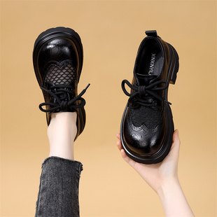显高 小皮鞋 英伦风厚底乐福鞋 女黑色透气圆头复古镂空网纱增高时尚