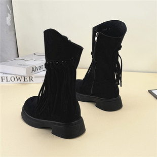 厚底防滑磨砂流苏半靴女绒面秋冬季 马丁靴 加绒中筒靴平跟保暖棉鞋