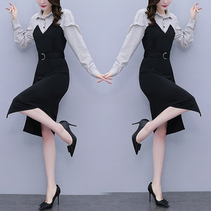 RM21050#新款韩版大码女装小香风修身条纹假两件拼接连衣裙