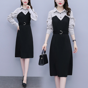 RM21050#新款韩版大码女装小香风修身条纹假两件拼接连衣裙