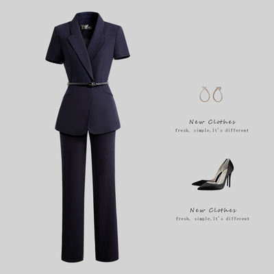 短袖设计感绑带收腰职业女裤套装