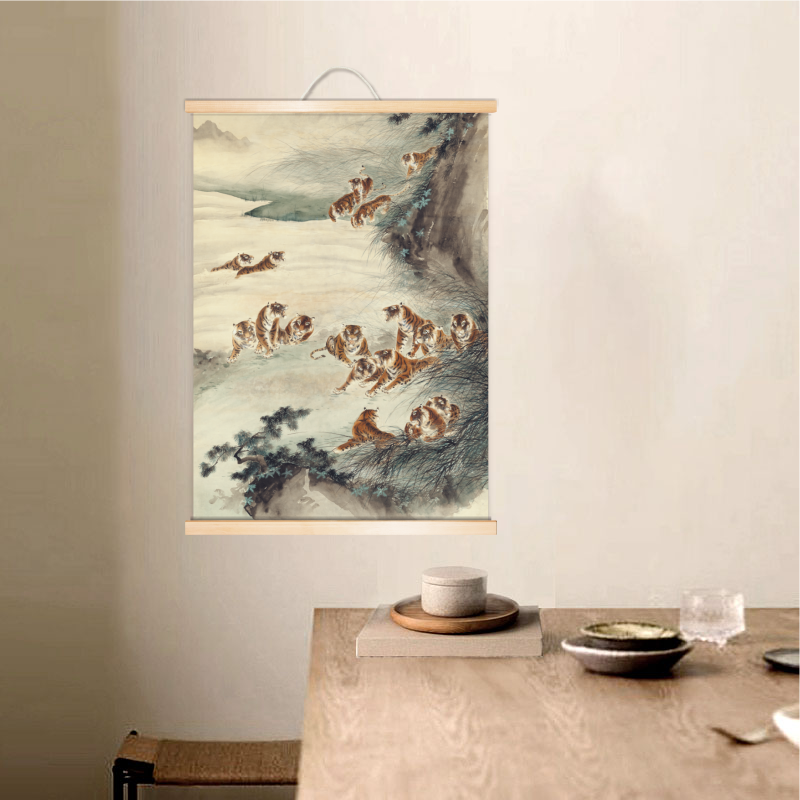张大千群虎啸谷图微喷真迹复制品国画客厅玄关酒店装裱卷轴装饰画