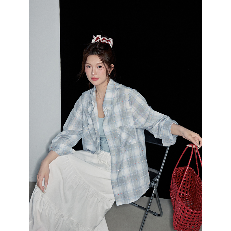 夏大大穿出生活的随意2025夏季新款微胖mm韩系格子防晒衬衫外套