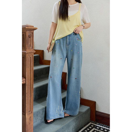 夏大大大码直筒显瘦牛仔裤2025夏季新款胖mm阔腿裤子小花裤长裤