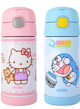 thermos膳魔师儿童吸管杯防漏KT卡通不锈钢保温杯宝宝水杯F4011