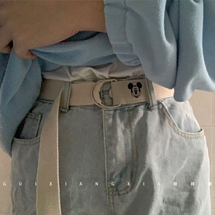 帆布腰带男女通用米奇百搭配牛仔裤 带潮双环扣ins风米老鼠皮带女
