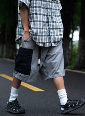 Gnomes lab 22SS  紧密纺灰绿抗撕裂格子布工装短裤 日系复古国潮