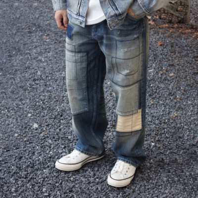 Gnomes lab 25AW 橙耳窄幅贴布重水洗拼接纯手工猫须牛仔长裤