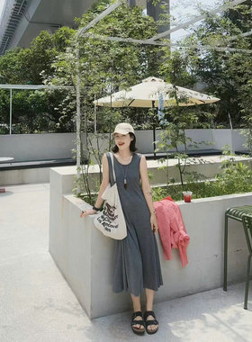 博主款 BC1619女神气质烟灰色天丝羊毛无袖背心裙 吊带长裙女2025