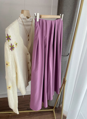 G8002树莓紫百褶裙 半身裙 中长裙女2022秋冬新款