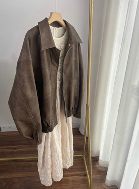 L9736长款复古晕染做旧风格皮夹克 中长款外套女2024秋