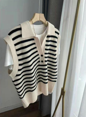 RY057半开襟条纹羊毛马甲 翻领polo衫款针织衫毛衣背心女2022秋冬