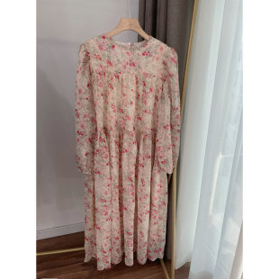 芍药图案碎花雪纺连衣裙 乔其纱长袖裙子 飘逸娃娃裙2022春夏新款