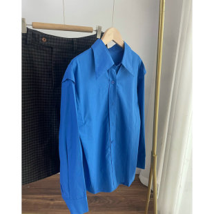 L9213设计感克莱因蓝假两件衬衫 尖领宽松上衣女2054秋