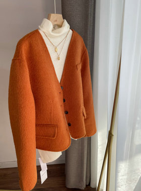 9125显白南瓜橘短款大衣 双面绒羊毛呢廓形西装外套女2022秋冬新