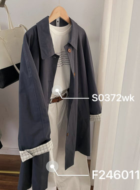 F246128袖子格纹卷边气质灰蓝色系水洗棉风衣 外套女2024新款春