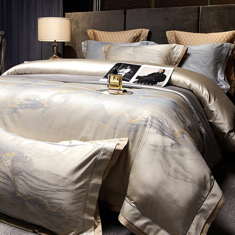 轻奢高端长绒棉色织提花四件套100全棉纯棉被套床单中式别墅床品