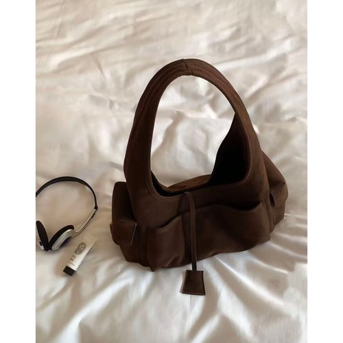 秋冬复古绒面手提包2025新款美拉德多口袋通勤包大容量单肩腋下包