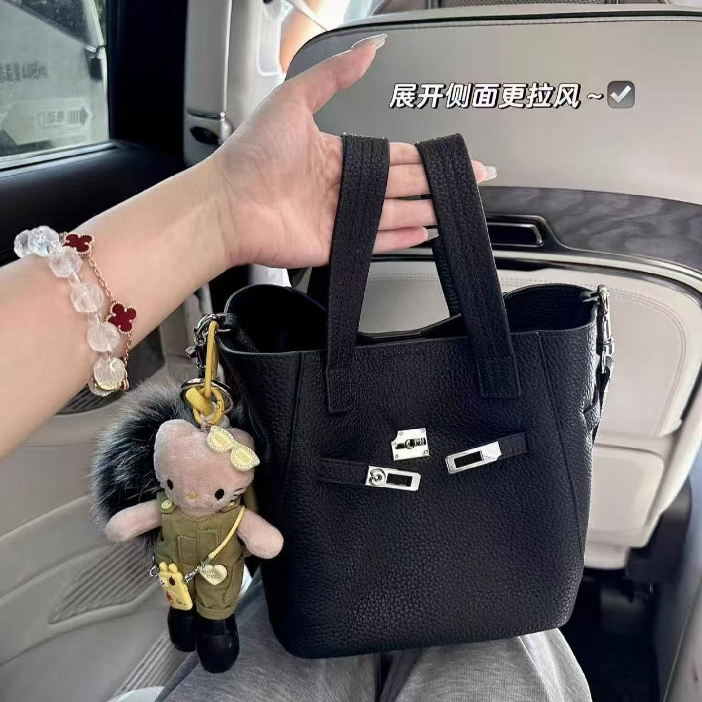 高级质感手提菜篮子水桶包小众百搭杂物通勤包荔枝纹单肩斜挎包女