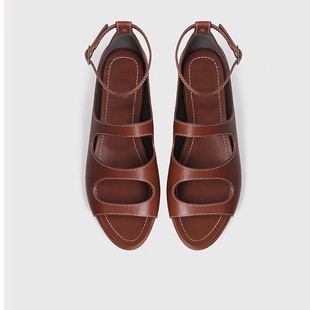 女露趾一字带棕色时尚 2024年夏季 头层牛皮舒适平底鞋 新款 罗马凉鞋