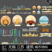 无锡江苏标志景点天际线条描稿建筑剪影设计插画城市手绘地标素材