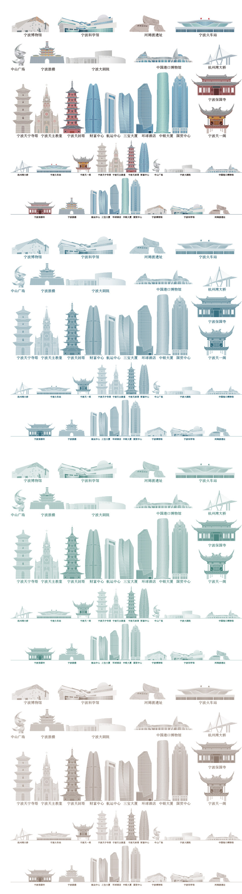 宁波浙江建筑旅游手绘景点设计插画剪影天际地标线条描稿城市素材