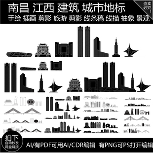 南昌江西地标城市建筑天际线条描稿剪影景观旅游手绘插画设计素材