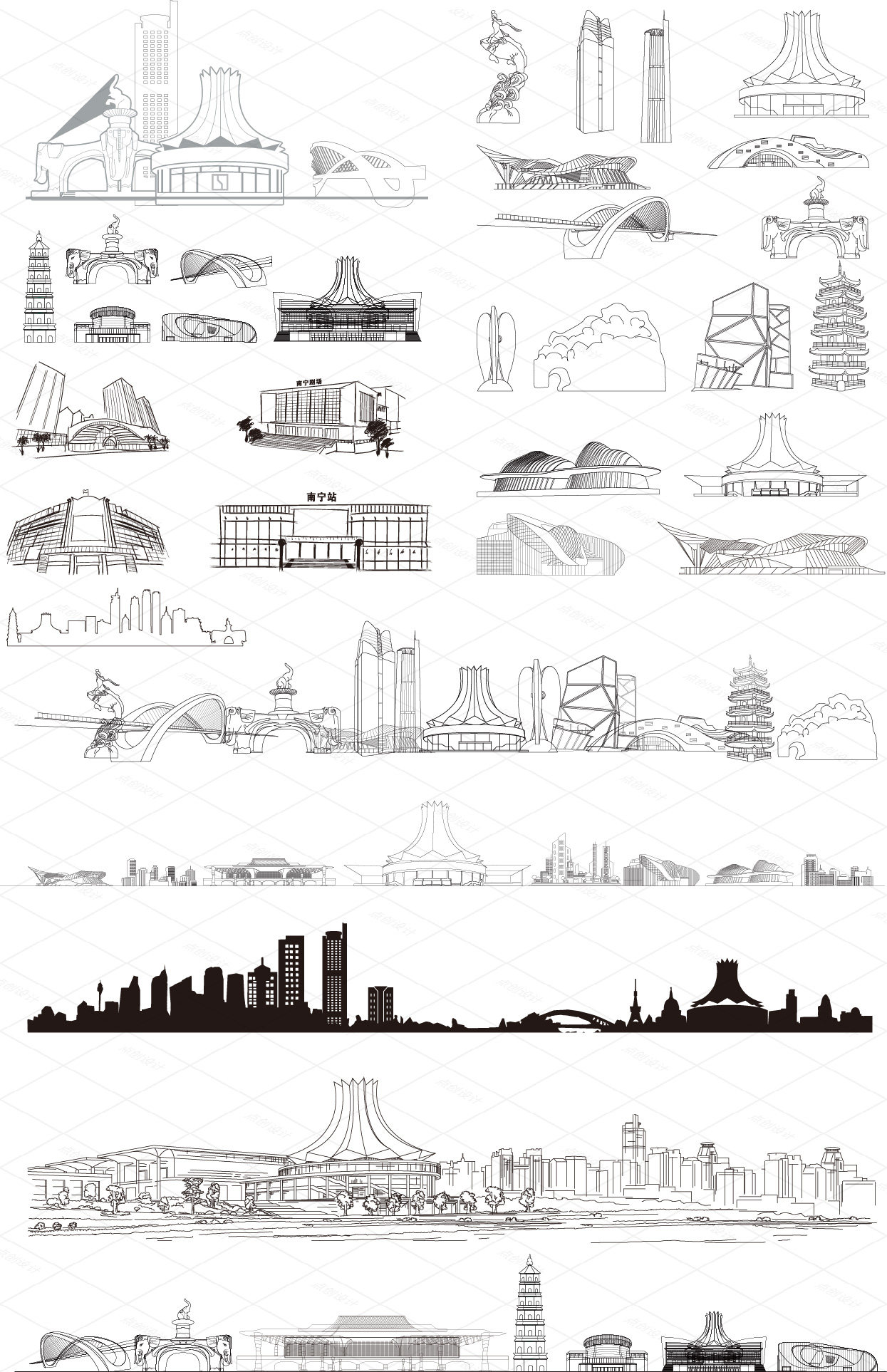 南宁广西剪影城市地标志手绘建筑景点插画天际线条描稿素材
