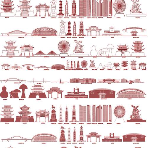 赣州江西插画天际线条描稿地标志建筑城市景点剪影手绘旅游素材