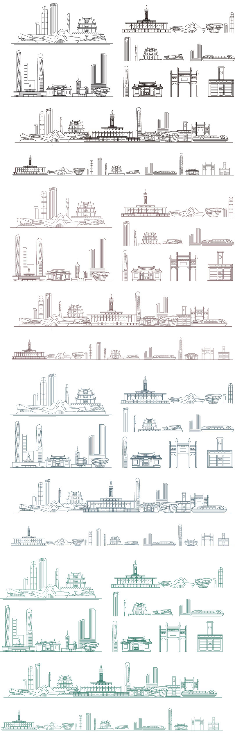 长沙湖南剪影城市地标志手绘建筑景点插画天际线条描稿素材