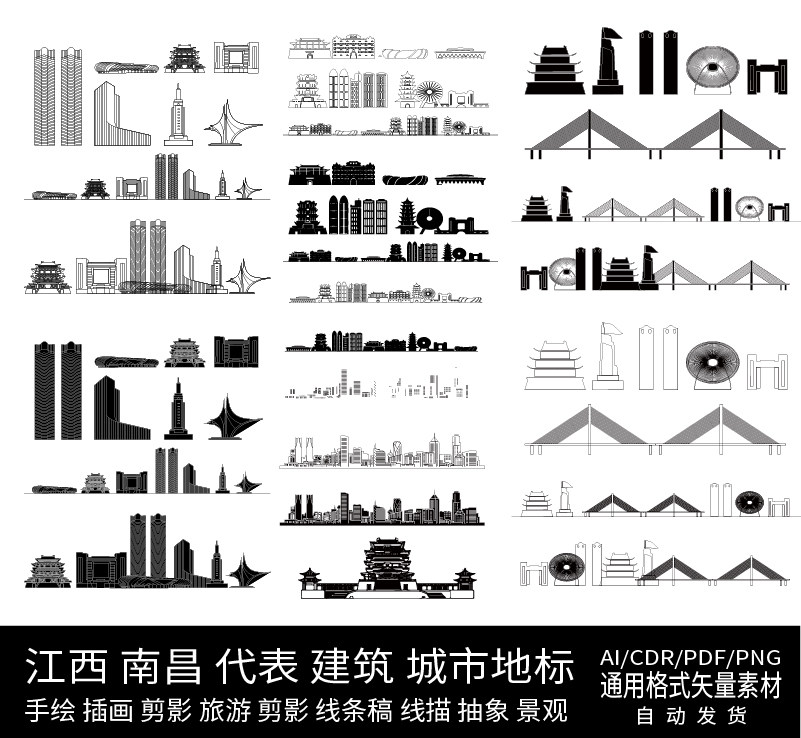 江西南昌城市建筑天际地标线条描稿剪影景观设计素材旅游手绘插画
