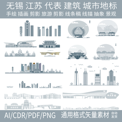 无锡江苏天际建筑城市地标线条描稿旅游剪影景观手绘插画设计素材