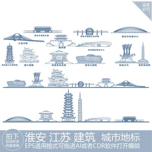 淮安江苏旅游剪影建筑插画地标志景点手绘天际线条描稿城市素材