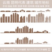 昆明云南天际线条描稿建筑旅游插画剪影手绘景点城市地标志素材