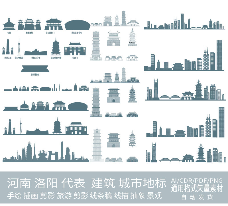 洛阳河南建筑城市地标天际线条描稿旅游景观设计剪影插画手绘素材