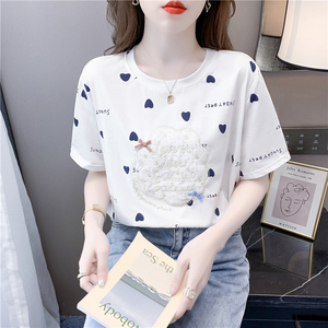 RM7248#纯棉短袖t恤女夏季女装2023年新品印花刺绣宽松半袖慵懒风衣