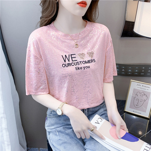 RM7247#夏季新款洋气时尚百搭上衣韩版宽松重工亮片刺绣短袖T恤