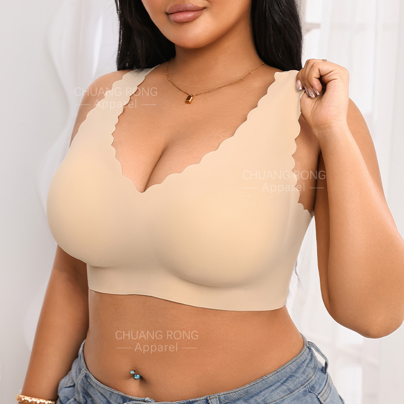 性感波浪边大码文胸胖mm交叉美背薄款舒适透气大胸显小无痕内衣女