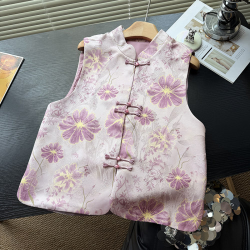 新中式国风马甲盘扣立领无袖碎花提花春夏新款洋气百搭马甲上衣女