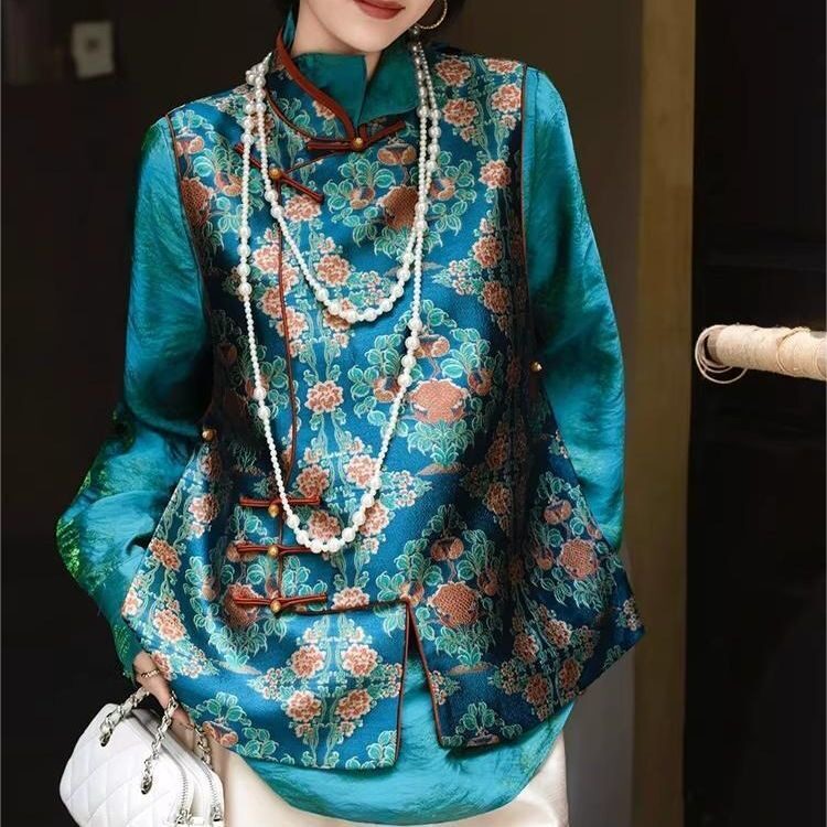 秋季新中式印花立领马甲女