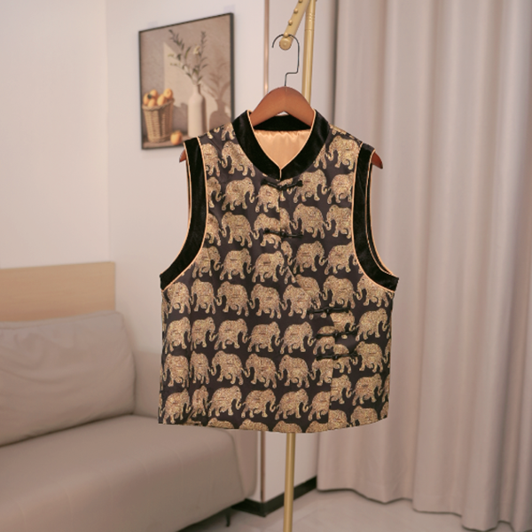 高级感小众设计无袖上衣秋款拼接丝绒提花国风马夹新中式洋气马甲