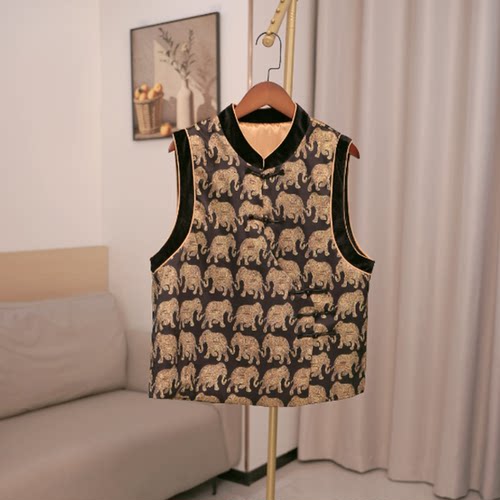 高级感小众设计无袖上衣秋款拼接丝绒提花国风马夹新中式洋气马甲