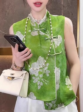 绿色新中式高级上衣女装秋季新款盘扣斜襟国风小衫无袖爆款衬衫